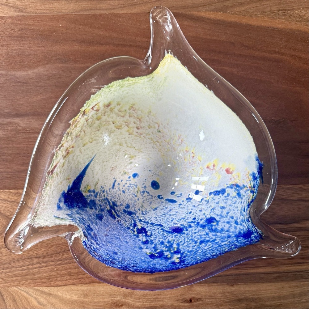 VTG 60s MCM Murano Glass Blue White Swirl Triangular Candy Bowl Nut Bowl 9x9x2"